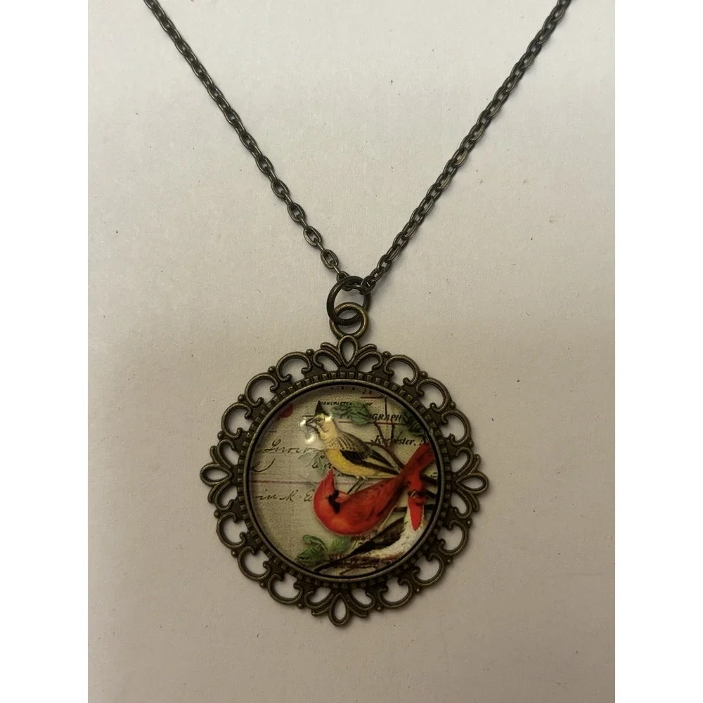 Red Cardinal Yellow Bird Cabochon Glass Pendant with Bronze 24